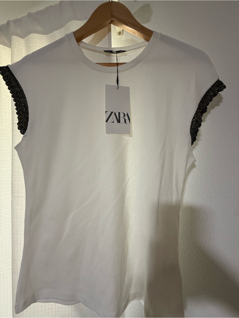 Zara White Short-Sleeve Tee with Black Lace Sleeve Trim
